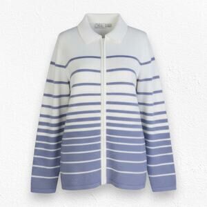 Y2K Vintage Periwinkle White Stripe Full Zip Up CJ Banks Sweater Jacket Size 14W